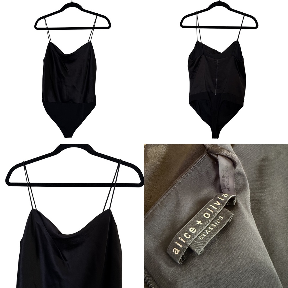 Alice + Olivia Black Satin Cowl Neck Bodysuit with Spaghetti Straps